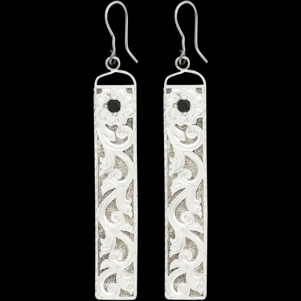 The Mountain Laurel Earrings are perfect for any celebration. Detailed with elegant hand-engraved scrolls in a matted silver base with custom stone color. Order now and enhace any western outfit today!